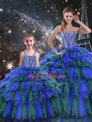 Sleeveless Floor Length Beading and Ruffles and Ruffled Layers Lace Up Sweet 16 Quinceanera Dress with Multi-color