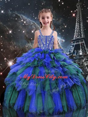 Sleeveless Floor Length Beading and Ruffles and Ruffled Layers Lace Up Sweet 16 Quinceanera Dress with Multi-color