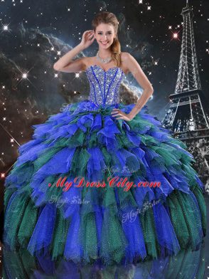 Sleeveless Floor Length Beading and Ruffles and Ruffled Layers Lace Up Sweet 16 Quinceanera Dress with Multi-color