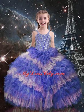 Lilac Lace Up Little Girls Pageant Gowns Beading and Ruffled Layers Sleeveless Floor Length