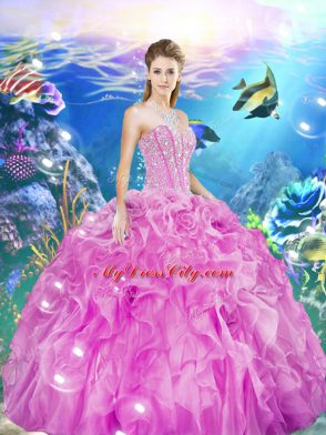 Smart Rose Pink Lace Up Sweetheart Beading and Ruffles Quinceanera Dresses Organza Sleeveless