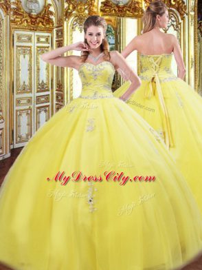 Floor Length Lace Up Sweet 16 Dress Yellow for Military Ball and Sweet 16 and Quinceanera with Beading and Appliques