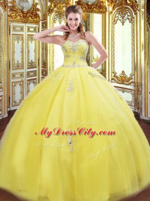 Floor Length Lace Up Sweet 16 Dress Yellow for Military Ball and Sweet 16 and Quinceanera with Beading and Appliques