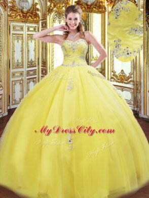 Floor Length Lace Up Sweet 16 Dress Yellow for Military Ball and Sweet 16 and Quinceanera with Beading and Appliques