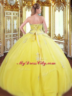 Floor Length Lace Up Sweet 16 Dress Yellow for Military Ball and Sweet 16 and Quinceanera with Beading and Appliques