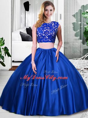 New Arrival Royal Blue Two Pieces Lace and Ruching Vestidos de Quinceanera Zipper Taffeta Sleeveless Floor Length