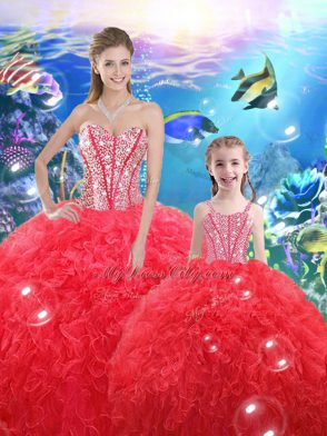 Shining Sleeveless Floor Length Beading and Ruffles Lace Up Quince Ball Gowns with Coral Red