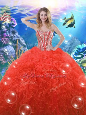 Shining Sleeveless Floor Length Beading and Ruffles Lace Up Quince Ball Gowns with Coral Red