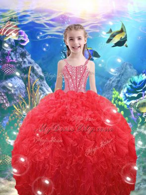 Shining Sleeveless Floor Length Beading and Ruffles Lace Up Quince Ball Gowns with Coral Red