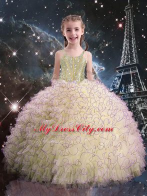 Sleeveless Organza Floor Length Lace Up 15th Birthday Dress in Light Yellow with Beading and Ruffles