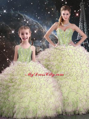 Beautiful Yellow Green Lace Up Sweetheart Beading and Ruffles Quinceanera Dress Organza Sleeveless