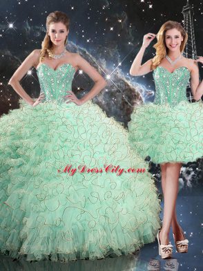 Apple Green Lace Up 15 Quinceanera Dress Beading and Ruffles Sleeveless Floor Length