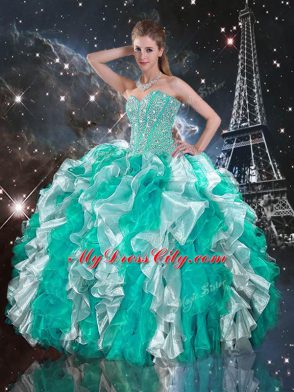 Pretty Sweetheart Sleeveless Organza Vestidos de Quinceanera Beading and Ruffles Lace Up