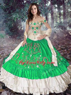 Off The Shoulder Sleeveless Lace Up Ball Gown Prom Dress Green Taffeta