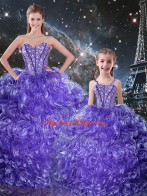 Purple Sleeveless Beading and Ruffles Floor Length Sweet 16 Dresses