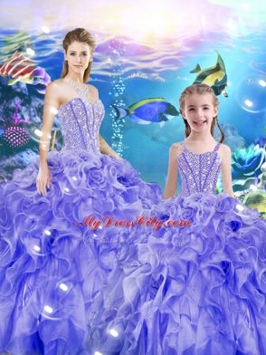 Popular Lavender Ball Gowns Beading and Ruffles Vestidos de Quinceanera Lace Up Organza Sleeveless Floor Length