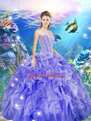 Popular Lavender Ball Gowns Beading and Ruffles Vestidos de Quinceanera Lace Up Organza Sleeveless Floor Length