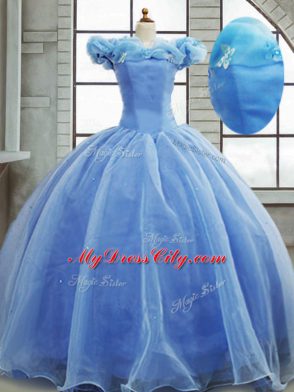 Captivating Light Blue Organza Lace Up Quinceanera Gowns Sleeveless Brush Train Pick Ups