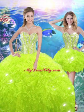 Super Yellow Green Ball Gowns Sweetheart Sleeveless Organza Floor Length Lace Up Beading and Ruffles Ball Gown Prom Dress