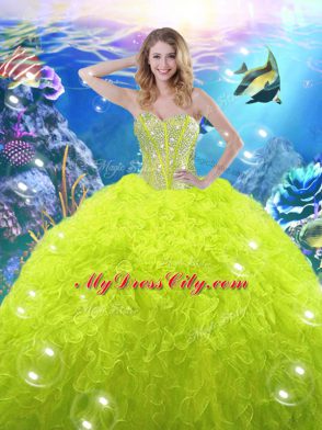 Super Yellow Green Ball Gowns Sweetheart Sleeveless Organza Floor Length Lace Up Beading and Ruffles Ball Gown Prom Dress