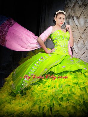 Modern Organza Sweetheart Sleeveless Brush Train Lace Up Embroidery and Ruffles Quinceanera Dresses in Yellow Green