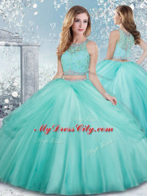 High Class Scoop Sleeveless Tulle Quince Ball Gowns Beading and Lace Clasp Handle