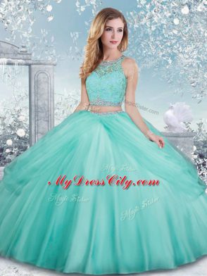 High Class Scoop Sleeveless Tulle Quince Ball Gowns Beading and Lace Clasp Handle