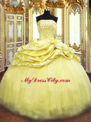 Comfortable Sleeveless Taffeta Floor Length Lace Up Vestidos de Quinceanera in Gold with Beading and Pick Ups