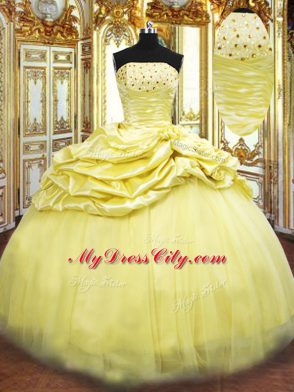 Comfortable Sleeveless Taffeta Floor Length Lace Up Vestidos de Quinceanera in Gold with Beading and Pick Ups