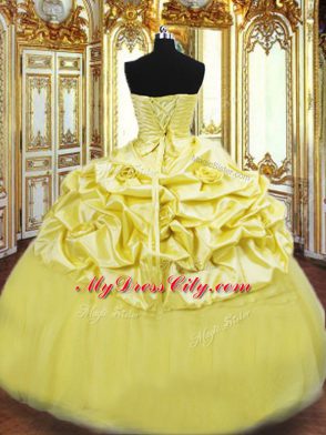 Comfortable Sleeveless Taffeta Floor Length Lace Up Vestidos de Quinceanera in Gold with Beading and Pick Ups