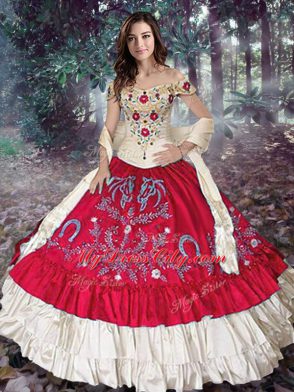 Vintage Red Ball Gowns Taffeta Off The Shoulder Sleeveless Embroidery and Ruffled Layers Floor Length Lace Up Quinceanera Gown