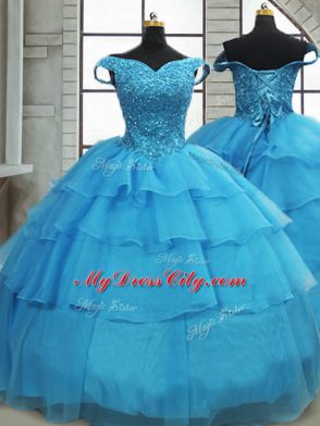 Modern Baby Blue Ball Gowns Beading and Ruffled Layers Quinceanera Dresses Lace Up Organza Sleeveless