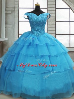 Modern Baby Blue Ball Gowns Beading and Ruffled Layers Quinceanera Dresses Lace Up Organza Sleeveless