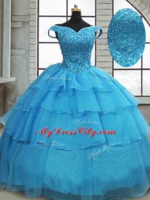 Modern Baby Blue Ball Gowns Beading and Ruffled Layers Quinceanera Dresses Lace Up Organza Sleeveless