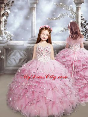 Baby Pink Little Girl Pageant Dress Organza Brush Train Sleeveless Beading and Ruffles