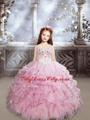 Baby Pink Little Girl Pageant Dress Organza Brush Train Sleeveless Beading and Ruffles