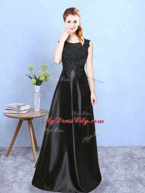 Black Satin Zipper Scoop Sleeveless Floor Length Court Dresses for Sweet 16 Beading