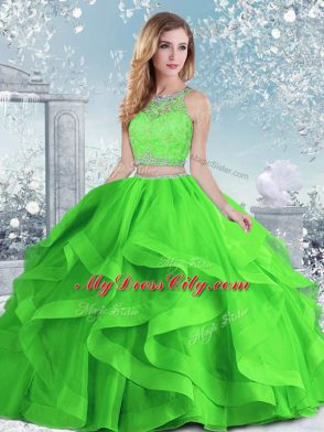 Sleeveless Organza Floor Length Clasp Handle Quinceanera Dress in with Beading and Ruffles