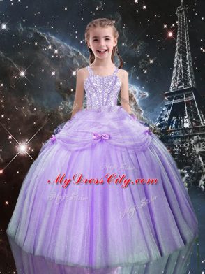 Lilac Tulle Lace Up Straps Sleeveless Floor Length Flower Girl Dresses for Less Beading