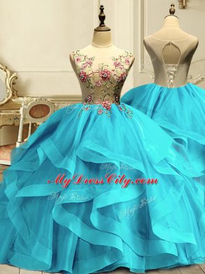 Beautiful Ball Gowns Ball Gown Prom Dress Aqua Blue Scoop Organza Sleeveless Floor Length Lace Up