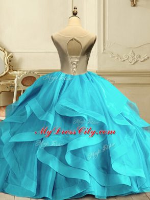 Beautiful Ball Gowns Ball Gown Prom Dress Aqua Blue Scoop Organza Sleeveless Floor Length Lace Up