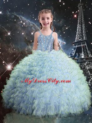 Organza Straps Sleeveless Lace Up Beading and Ruffles Pageant Dress for Teens in Light Blue