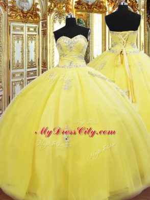 Fantastic Gold Lace Up Sweetheart Beading and Appliques Quinceanera Dresses Tulle Sleeveless