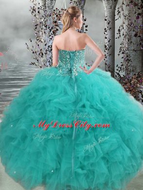 New Arrival Turquoise Ball Gowns Beading and Ruffles Quinceanera Dress Lace Up Organza Sleeveless Floor Length