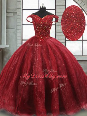 Noble Off The Shoulder Sleeveless Quinceanera Dress Brush Train Beading Wine Red Tulle