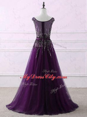 Sleeveless Sweep Train Zipper Appliques and Embroidery Prom Dresses