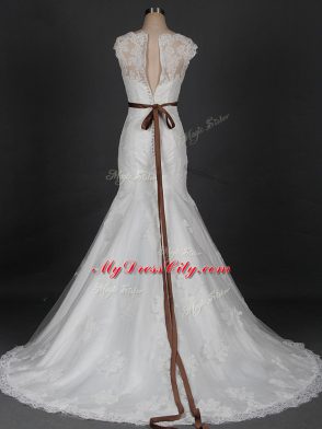 Sleeveless Brush Train Beading and Lace Clasp Handle Wedding Gown