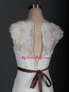 Sleeveless Brush Train Beading and Lace Clasp Handle Wedding Gown