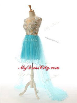 Aqua Blue Scoop Backless Beading and Lace and Appliques Prom Evening Gown Sleeveless