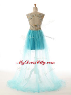 Aqua Blue Scoop Backless Beading and Lace and Appliques Prom Evening Gown Sleeveless